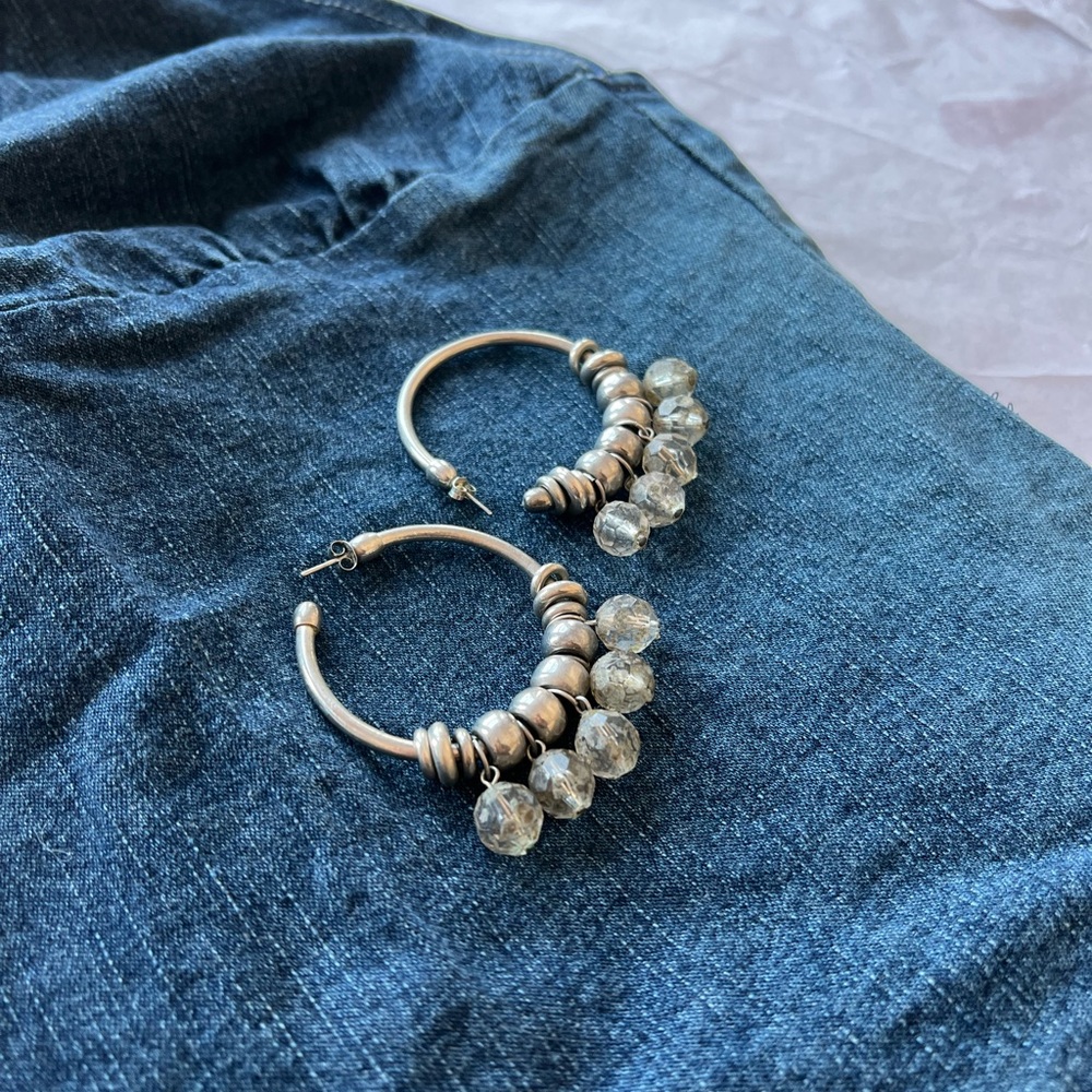 VTG Silver Metal Medium Hoops with Clear Drop Beads Made In India